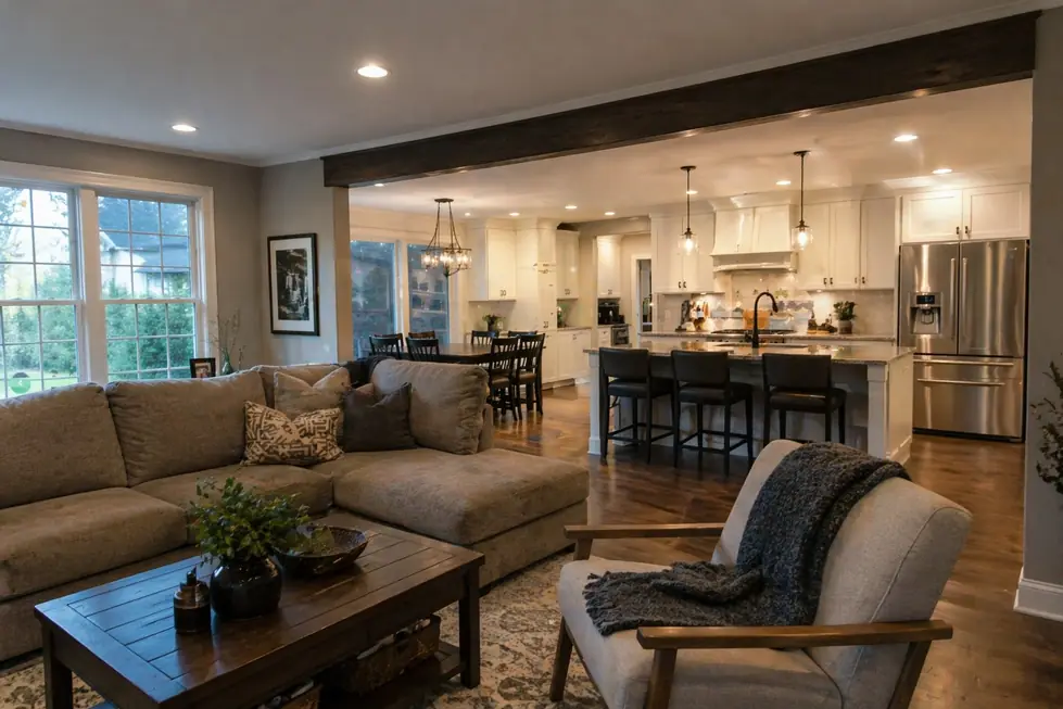 Open-plan living and kitchen area with an exposed beam